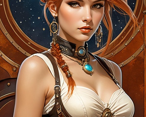 Young woman in steampunk outfit against cosmic backdrop