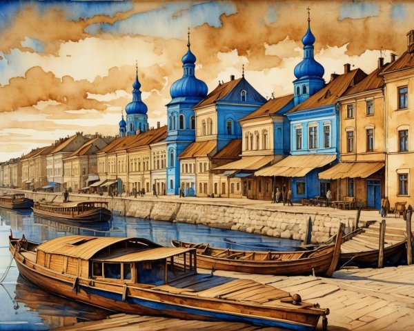 Serene waterfront scene with boats and blue-domed buildings