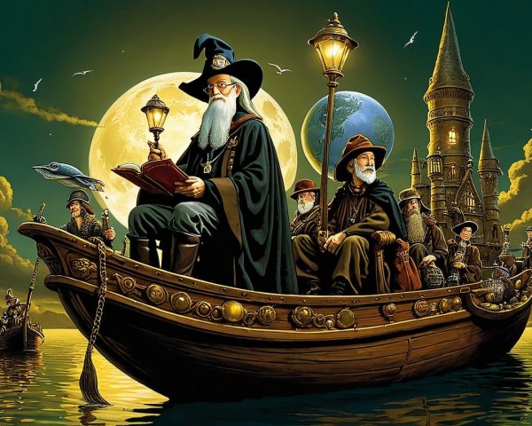 Wizards in Robes Sailing Under Moonlight Toward Castle