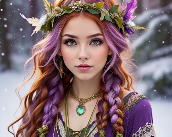 Young woman in purple dress with floral crown in forest