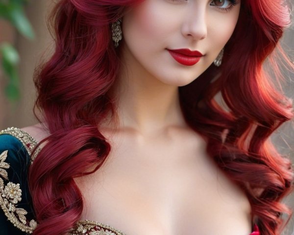 Elegant Woman in Green Velvet Dress with Red Hair