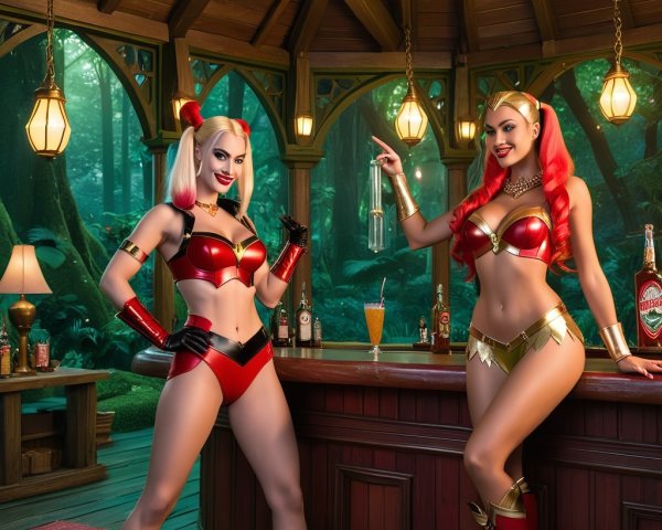 Women in Superhero Costumes at Tropical Bar