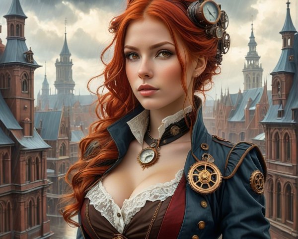 Steampunk Woman in Cityscape with Red Hair and Outfit