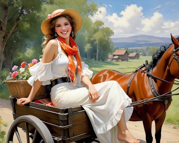 Cheerful Woman in Hat with Flowers in Countryside Cart