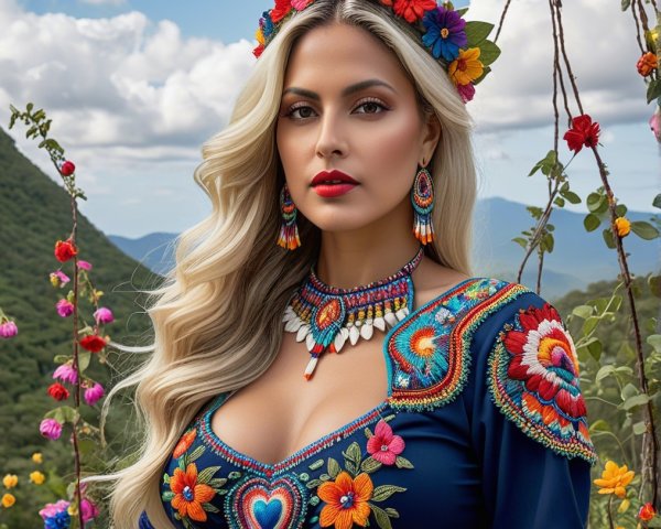 Elegant Woman in Vibrant Embroidered Outfit Amidst Nature
