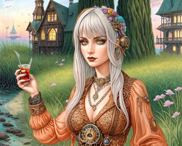 Woman with Silver Hair by Serene River in Fantasy Setting