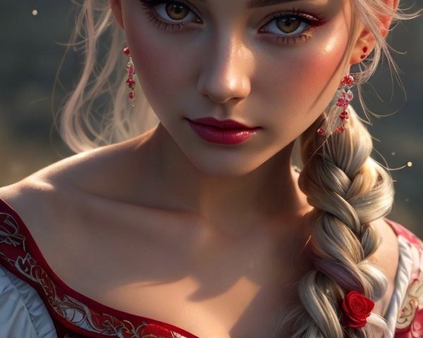 Young woman in red dress with braided blonde hair