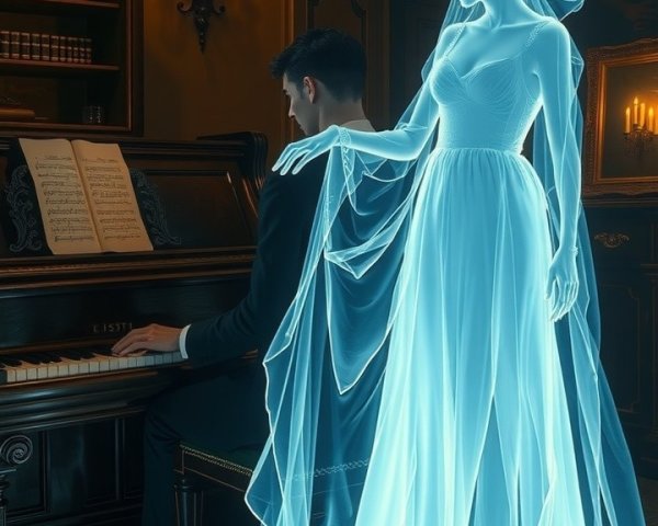 Ghostly Figure by Grand Piano in Opulent Room