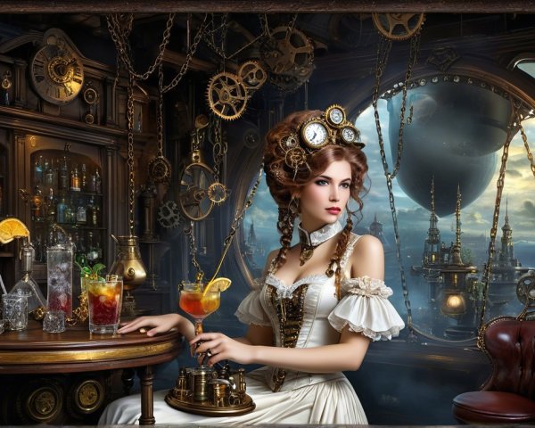 Steampunk Scene with Woman in Ornate Dress and Bar