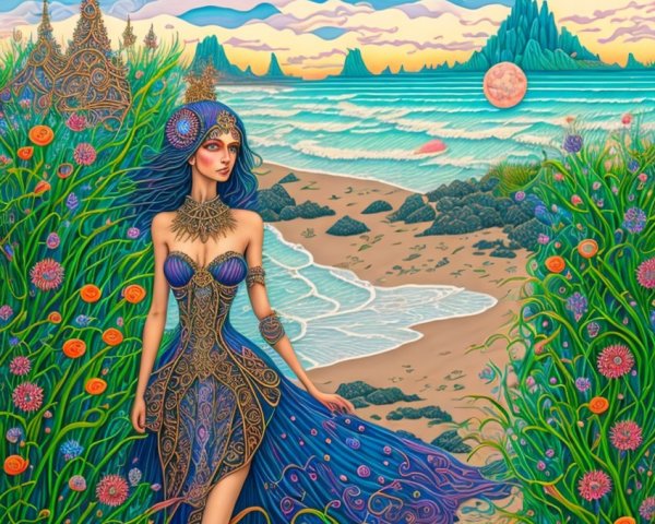 Vibrant Shoreline with Woman in Intricate Dress