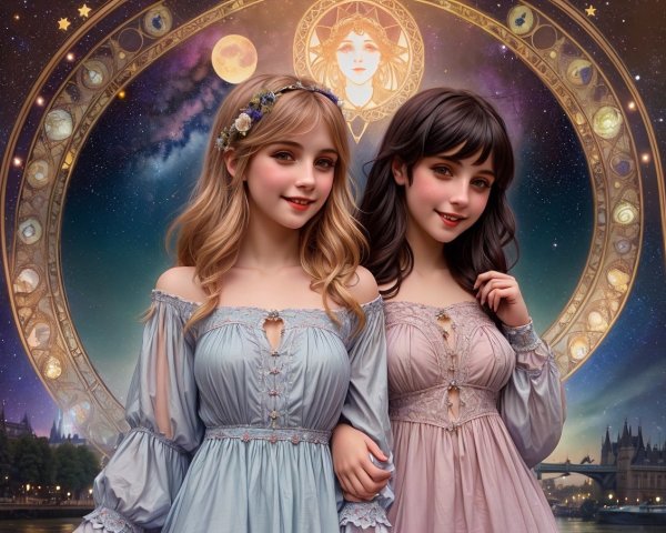 Elegant Pastel Dresses with Celestial Backdrop