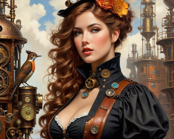 Female Steampunk Engineer with Elaborate Machine Design