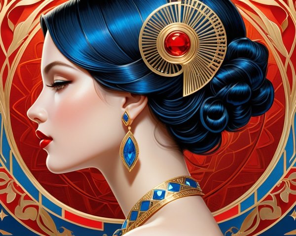 Elegant Woman with Blue Hair and Vibrant Jewelry