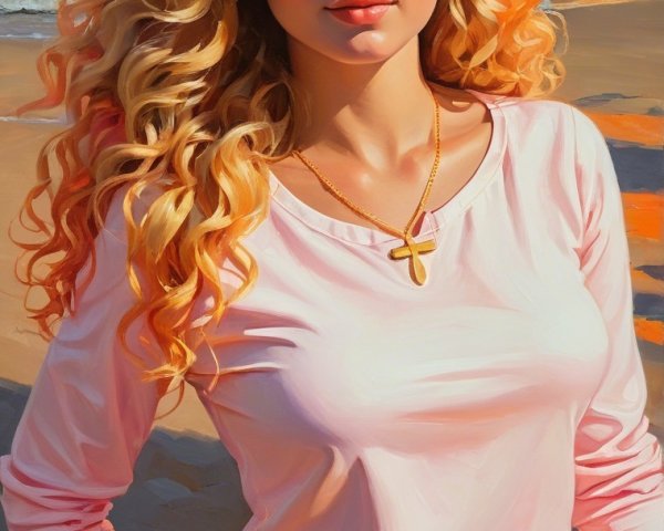 Young Woman in Beach Attire at Sunset by Waves