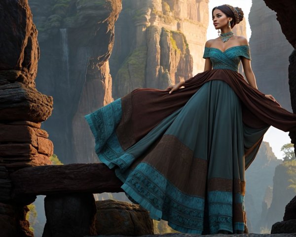 Elegant Woman in Flowing Gown Against Rugged Cliffs