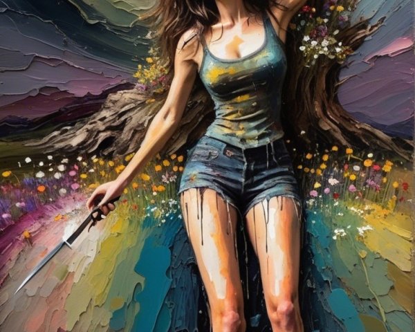 Surreal Painting of Woman with Paintbrush and Blossoms