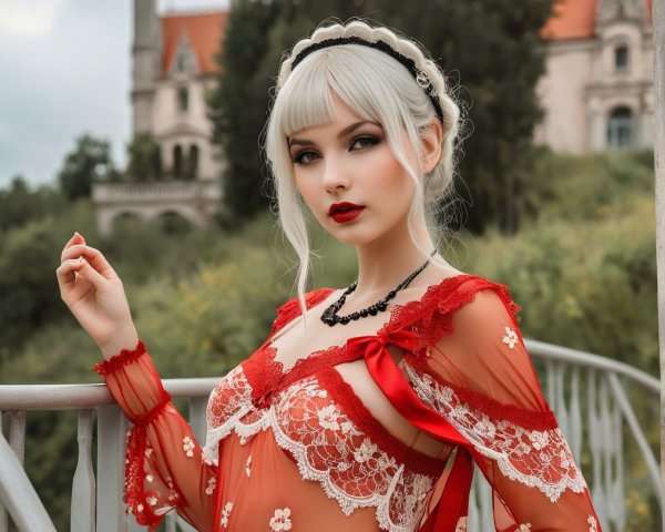 Young woman in red lace outfit with castle backdrop