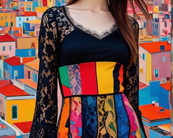 Young Woman in Colorful Dress Against Cityscape Sunset
