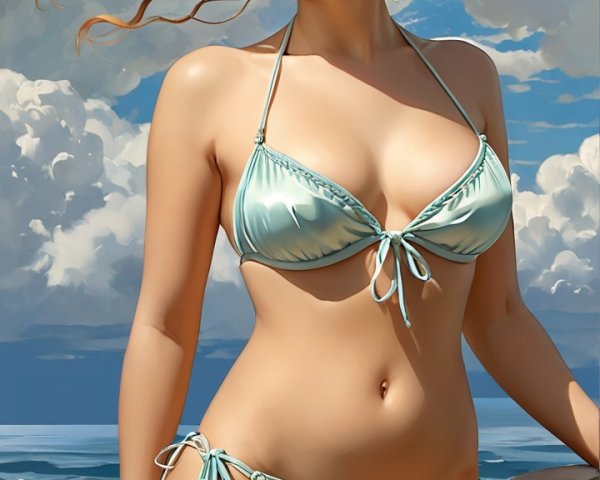 Young Woman in Light Blue Bikini by Ocean Waves