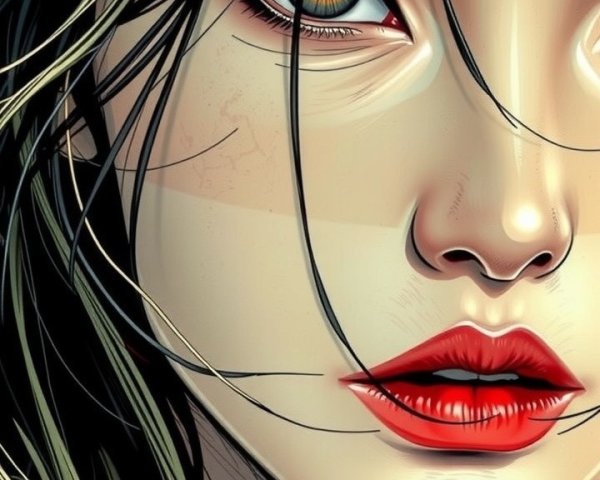 Close-up of a striking female face with bold features