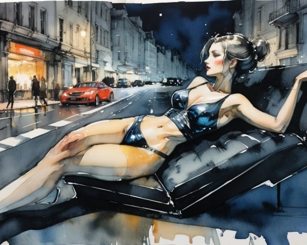 Watercolor Painting of Woman in Lingerie at Night