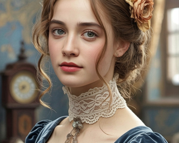 Young woman in vintage attire with floral accents