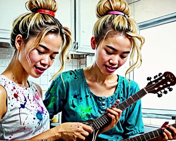 Blonde Women Playing Ukuleles in Vibrant Kitchen