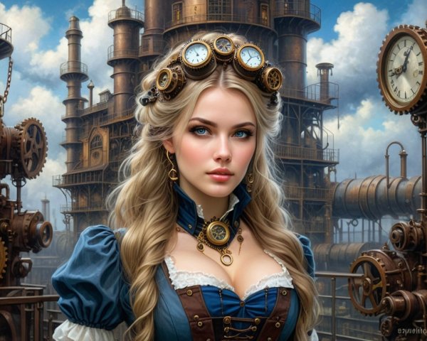 Young Woman in Steampunk Outfit Against Industrial Backdrop