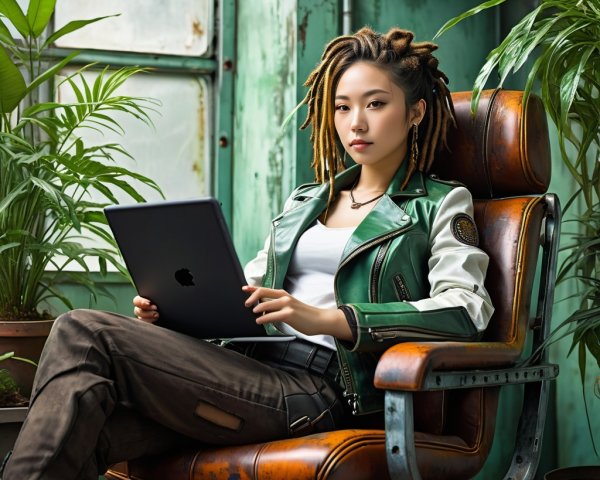 Young Woman in Leather Chair Amidst Greenery and Tech