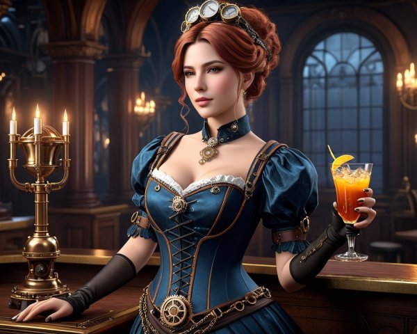 Steampunk-Inspired Dress with Vintage Bar Decor