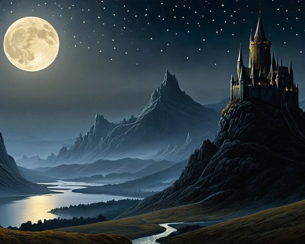 Castle on a Mountain Overlooking a Moonlit River