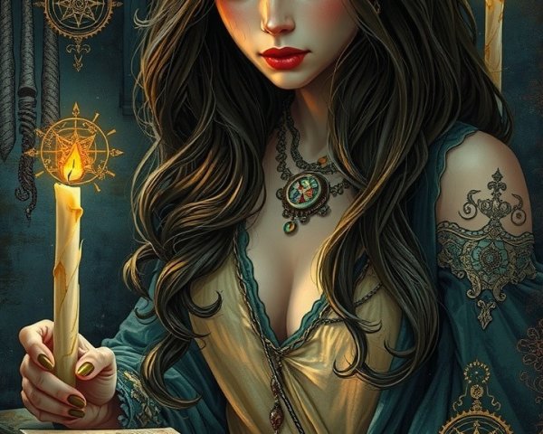 Mystical Woman in Teal Gown Surrounded by Symbols
