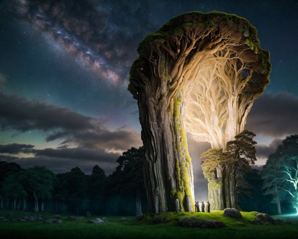 Enchanted Tree Under Starry Night Sky with Figures