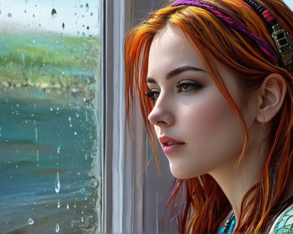 Young woman with orange-red hair at a rain-streaked window