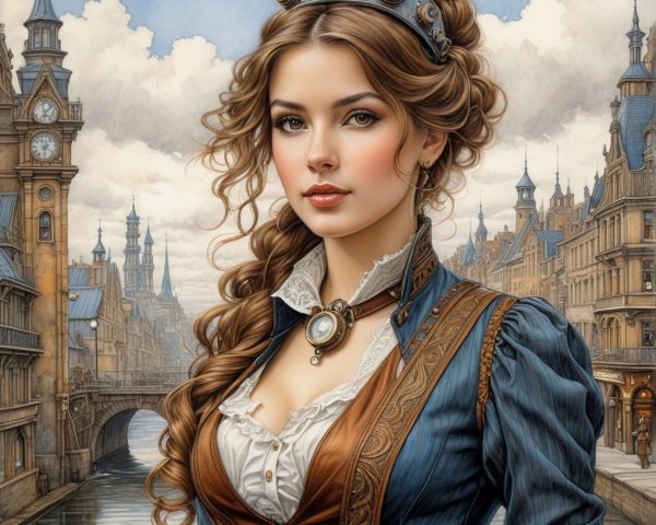 Young Woman in Steampunk Outfit Against Cityscape