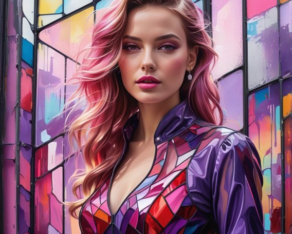 Young Woman in Colorful Outfit by Stained Glass