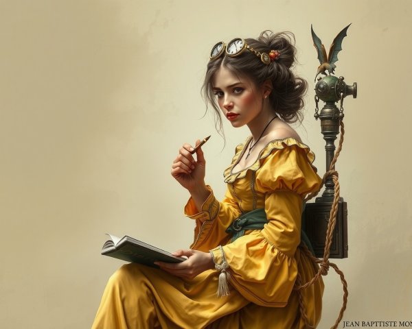 Young woman in yellow dress with steampunk accessories