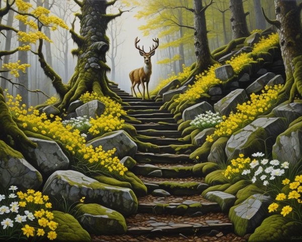 Serene Forest Scene with Deer and Vibrant Flora