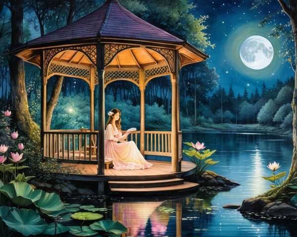 Anime-style painting of a woman in a gazebo at night