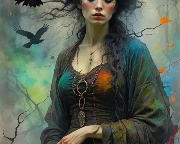 Mystical figure in colorful swirls with crows above
