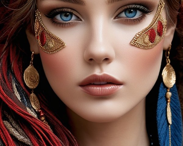 Portrait of a woman with tribal makeup and vibrant hair