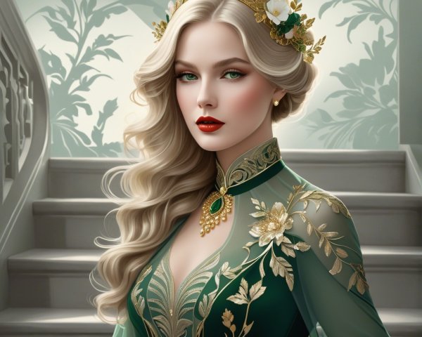 Elegant Woman in Green Gown in Enchanting Setting