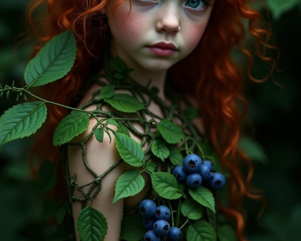 Whimsical figure in leafy dress surrounded by greenery