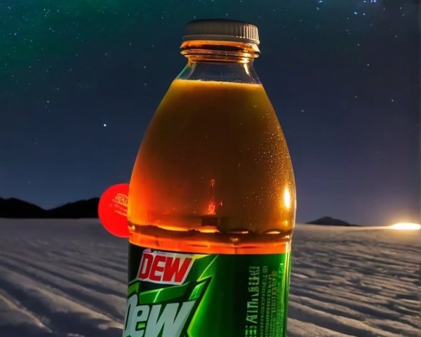 Mountain Dew Energy Bottle in Snowy Night Landscape