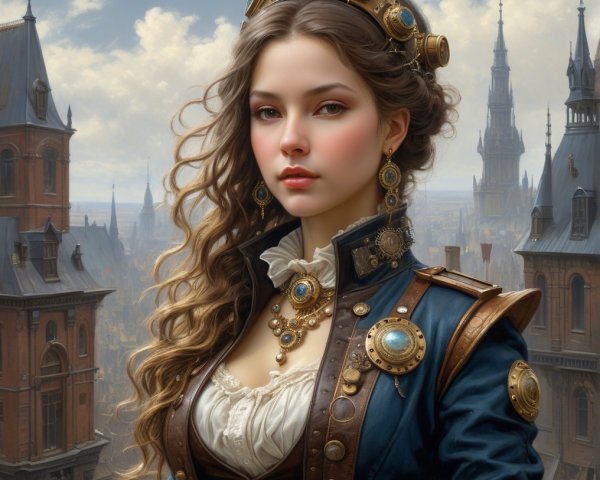 Young woman in blue coat against ornate architecture