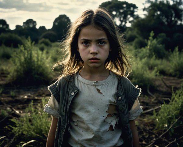 Young girl in overgrown field with serious expression