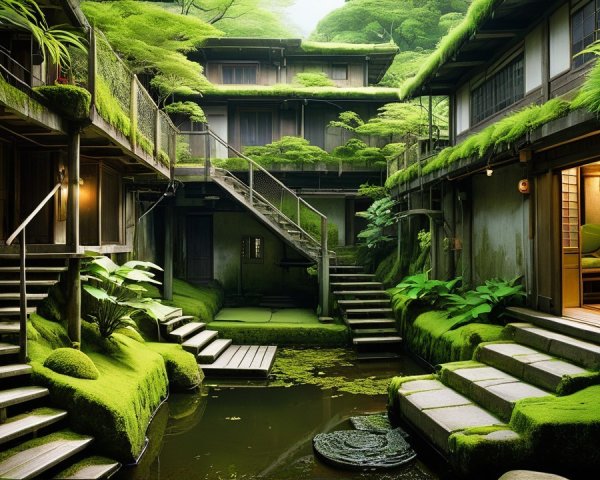 Traditional Japanese Courtyard with Lush Greenery