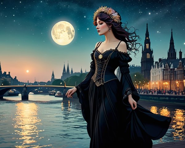 Woman in Black Gown by Riverside at Twilight
