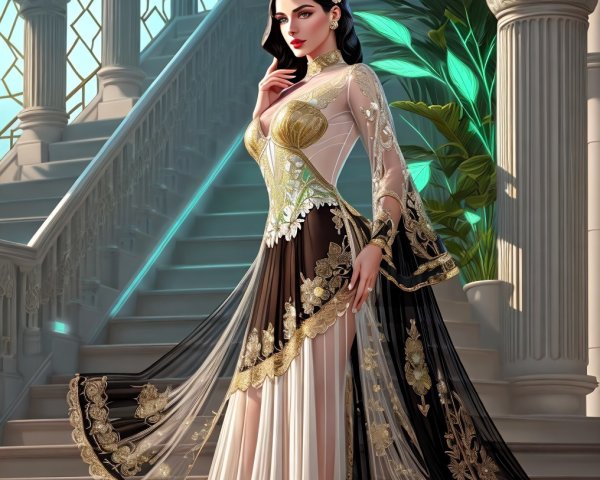 Elegant Woman in Exquisite Gown on Grand Staircase