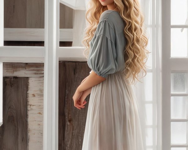 Young woman in gray top and white skirt by window